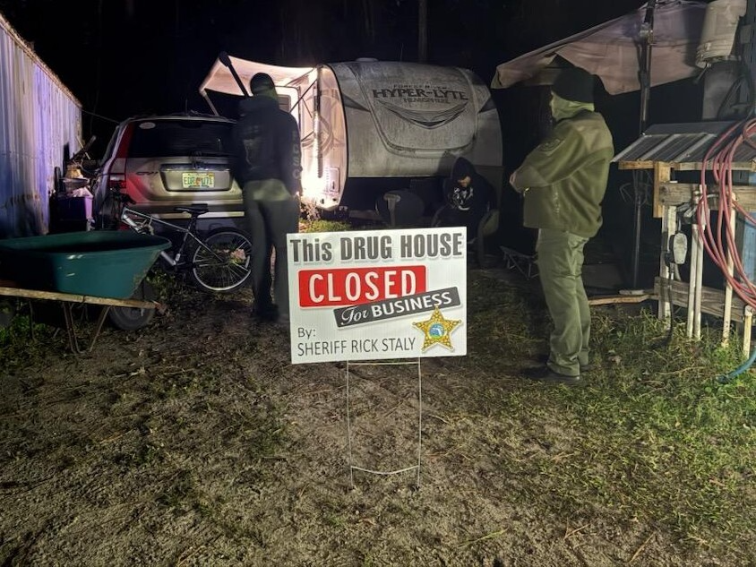 “This drug house closed for business by Sheriff Rick Staly” planted outside the travel trailer at 2480 County Road 304 following a search warrant Friday, January 16, 2026.