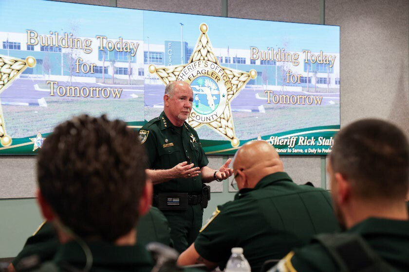 Flagler County Sheriff Rick Staly addresses staff during the annual employee meetings (FCSO)