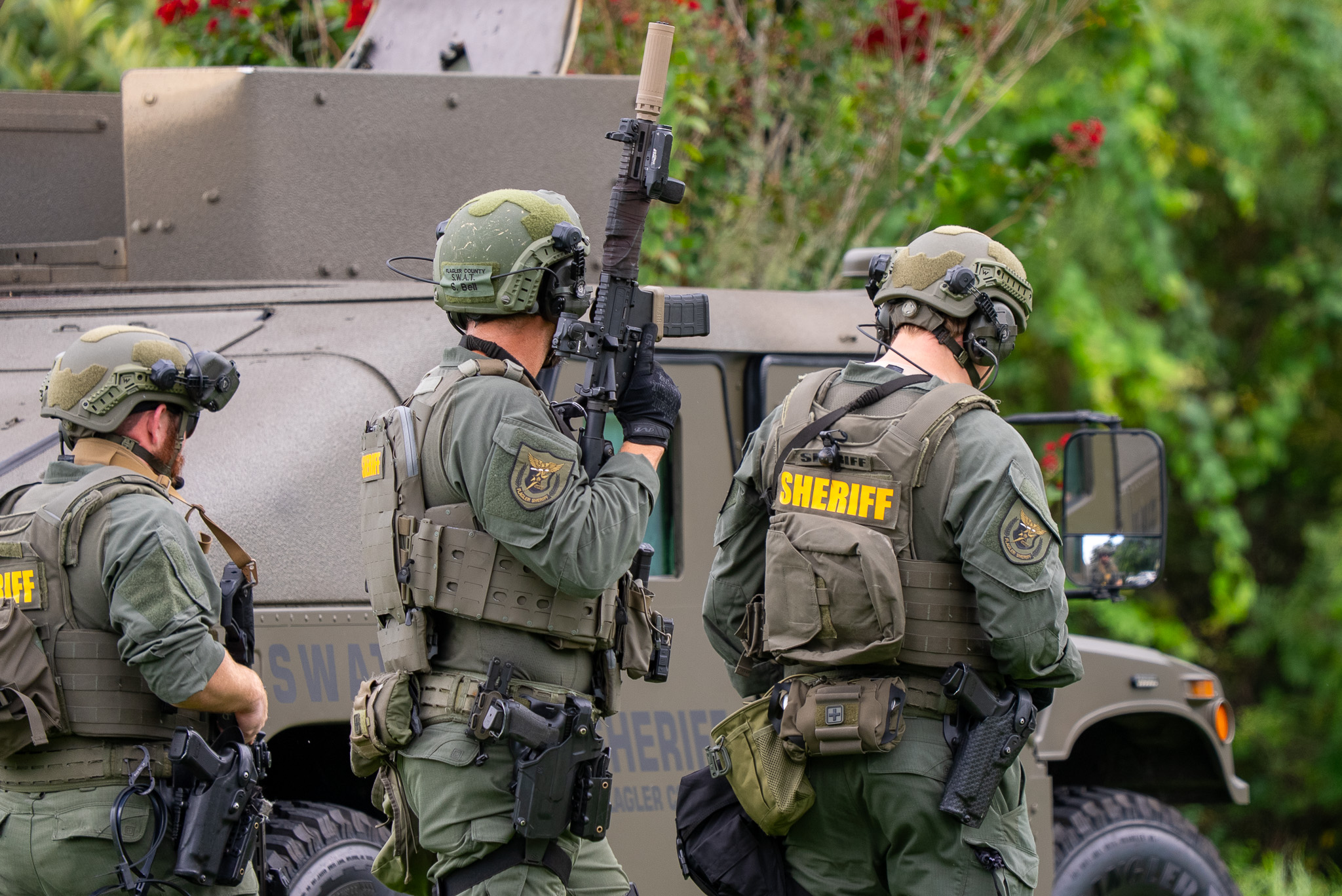 Members of the Flagler County Sheriff’s Office SWAT team form up during the search warrant.